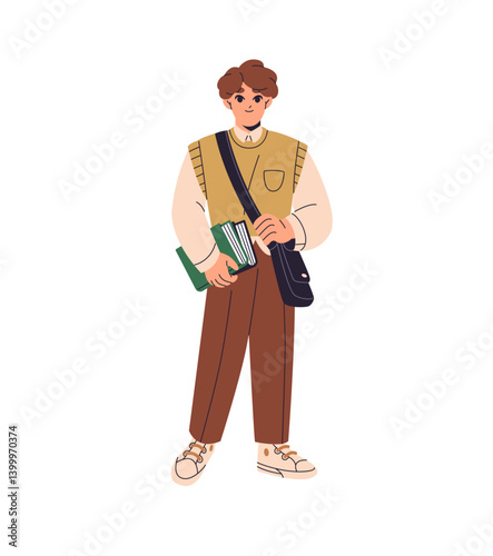 Happy student holds heap of textbook. Teen boy with pile of book in hands and school crossbody bag stands. Joyful schoolboy, pupil with schoolbag. Flat isolated vector illustration on white background