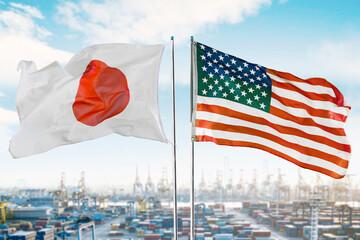 United States and Japan Flags Waving at Port – International Trade and Economic Partnership Concept