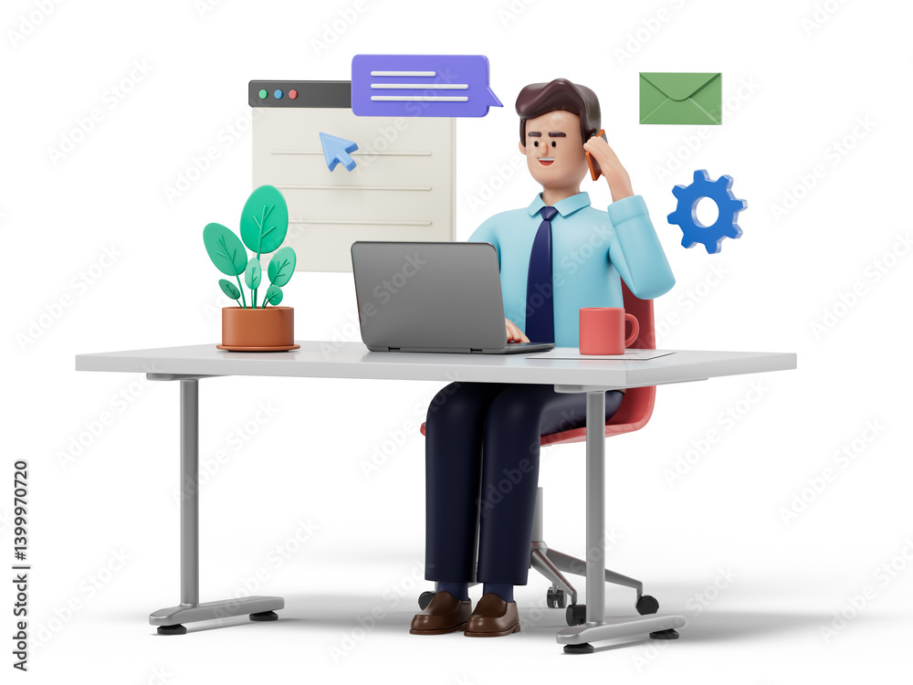 A man at a desk with a laptop, speaking on the phone, symbolizing multitasking and communication. 3D rendering, conceptual image. Isolated on white background. A man at a desk with a laptop, speaking on the phone, symbolizing multitasking and communication. 3D rendering, conceptual image. Isolated on white background.