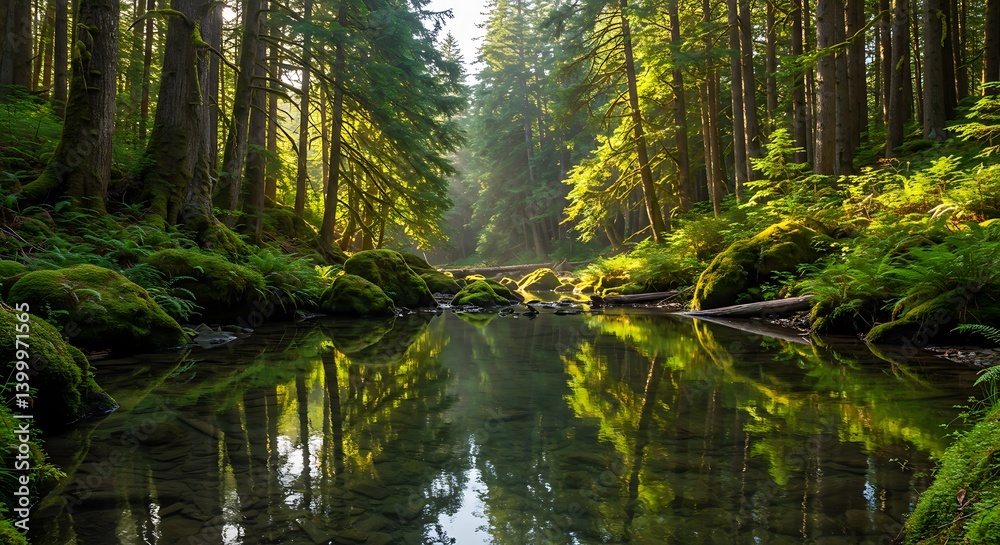 Forest Stream Golden Hour Reflection AI Generated Forest Stream Golden Hour Reflection AI Generated