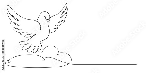 Flying Dove in Sky. One Continuous Line. Pigeon Bird Symbol of Peace and Freedom, Pentecost. Simple Linear Drawing. Vector Illustration. Hand Drawn Line Art