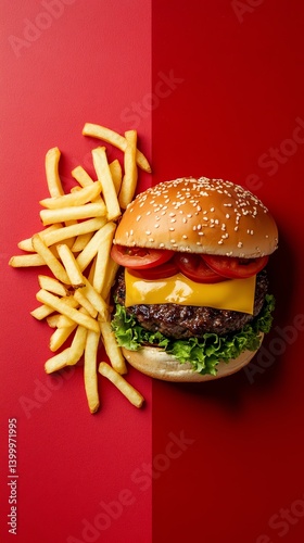 Burger and fries composition on splitcolor background for modern ads