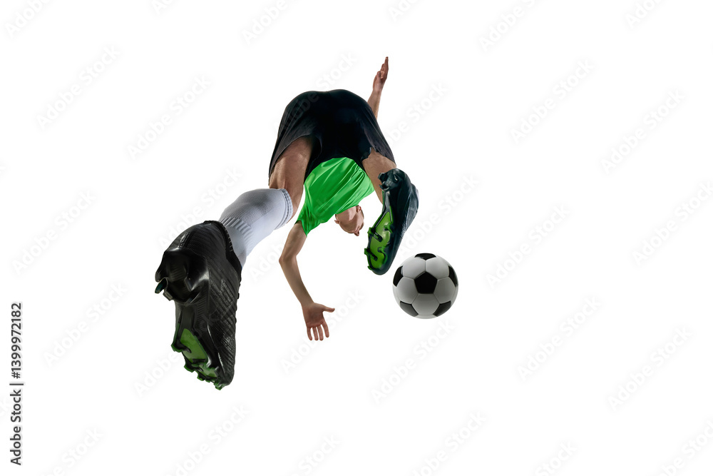 Low angle of dynamic man, dressed sport uniform, soccer player shooting goal with force against white studio background. Concept of professional sport, training, tournament, energy. Ad