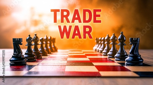 Dramatic chess match between US and China themed pieces with glowing trade war text above made with Generative AI technology