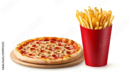 a pizza and fries combo clipart, fast food fusion meal, flat colorful design, isolated on white background