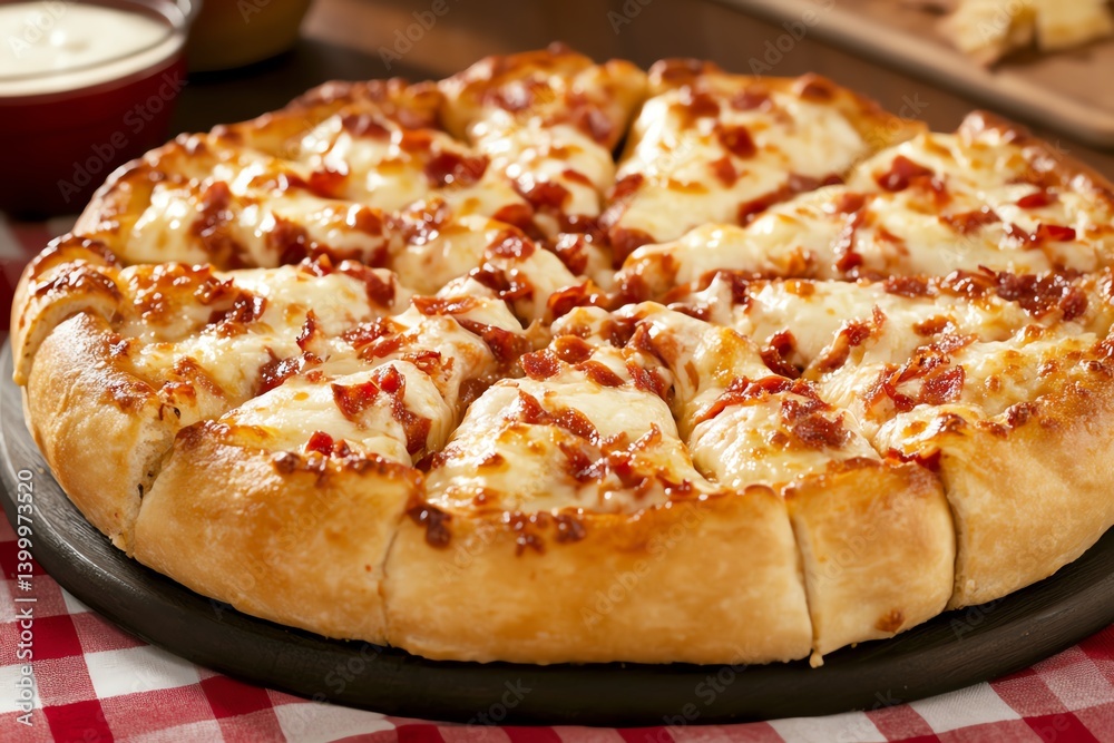 Extra cheese stuffed crust pizza on checkered tablecloth, diner style Extra cheese stuffed crust pizza on checkered tablecloth, diner style