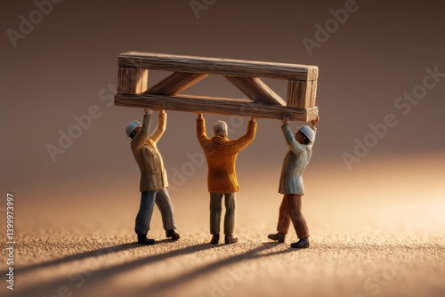 Three Miniature Workers Lifting a Wooden Beam in a Dramatic Lighting Setup