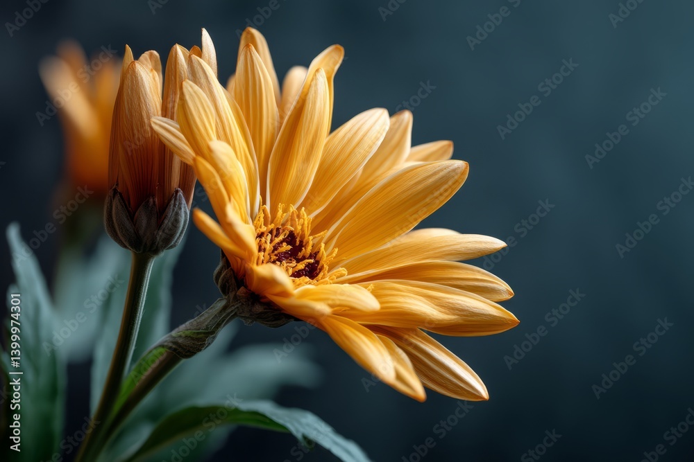 Fototapeta premium Vibrant Orange Flower with Soft Petals Against a Dark Background in Natural Light