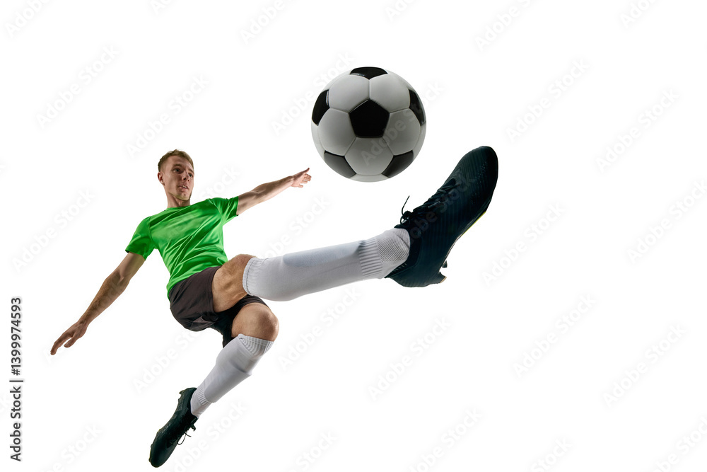 Low angle of intense man, dressed sport uniform, soccer player pressing forward with speed against white studio background. Concept of professional sport, training, tournament, energy. Ad