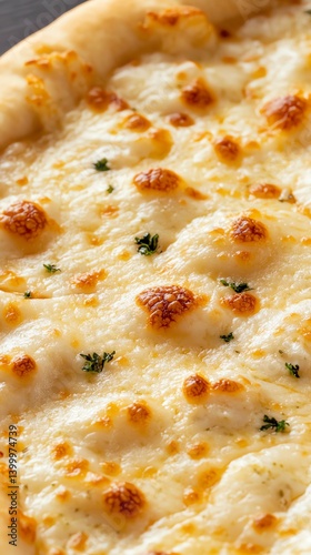 Closeup of pizza with four cheese blend, gourmet fast food style