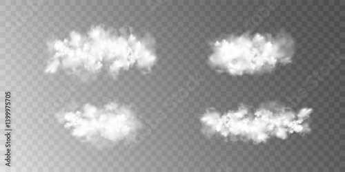 Abstract vector clouds, fog or smoke on an isolated transparent background. Dust cloud. Desert smoke. Sandstorm. 3D smog explosion. Cloud, smoke, png.