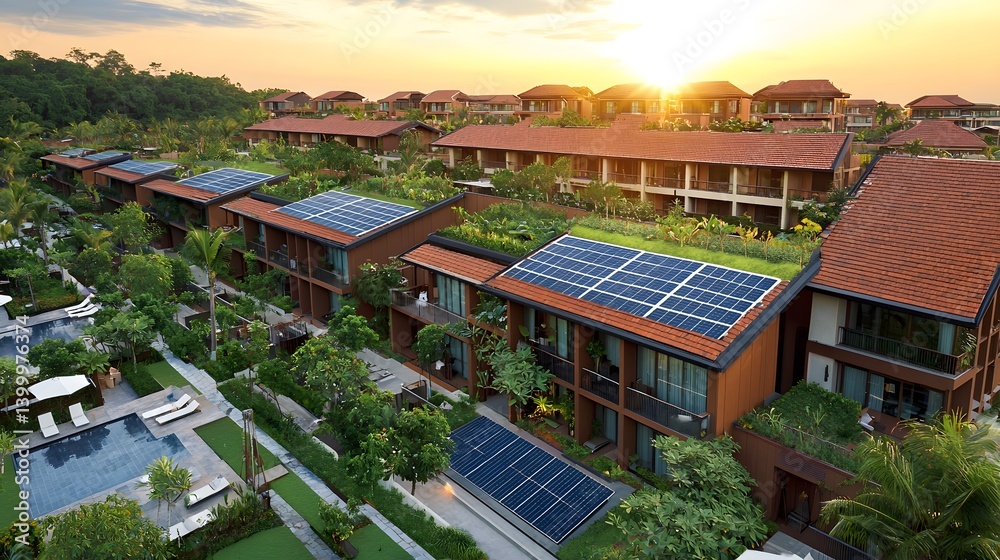 Fototapeta premium Eco Friendly Luxury Villas with Solar Panels and Green Roofs at Sunset