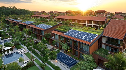 Eco Friendly Luxury Villas with Solar Panels and Green Roofs at Sunset
