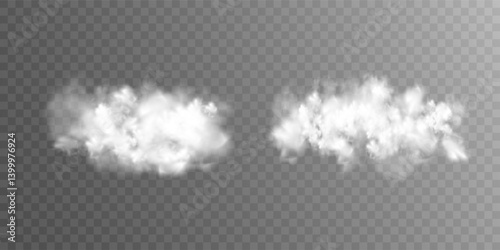 Abstract vector clouds, fog or smoke on an isolated transparent background. Dust cloud. Desert smoke. Sandstorm. 3D smog explosion. Cloud, smoke, png.
