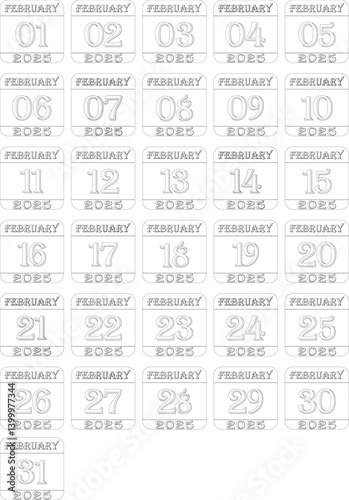 February 2025 calendar line art icon set .Agenda plan, feb month schedule calendar and Time planner.Meeting appointment time.Calendar Event schedule date.calendar date icon on white background.