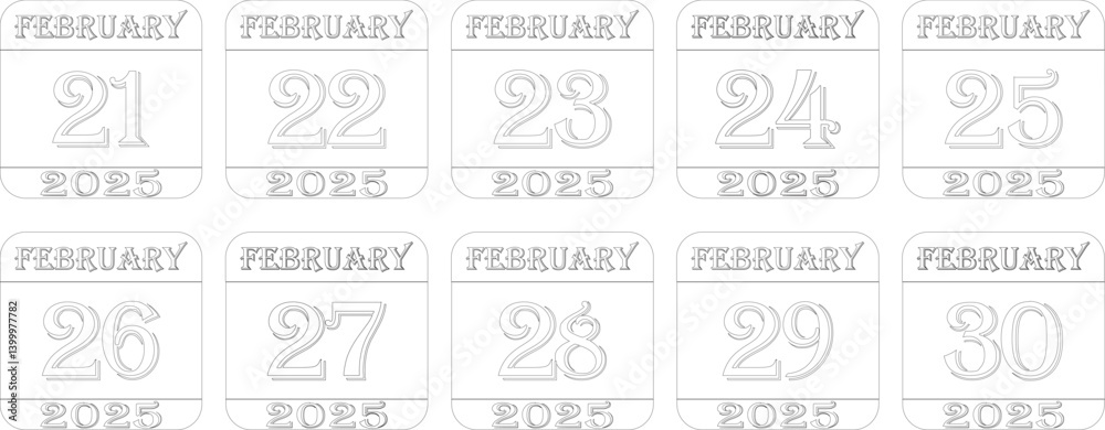 February 2025 calendar line art icon set .Agenda plan, feb month schedule calendar and Time planner.Meeting appointment time.Calendar Event schedule date.calendar date icon on white background. February 2025 calendar line art icon set .Agenda plan, feb month schedule calendar and Time planner.Meeting appointment time.Calendar Event schedule date.calendar date icon on white background.