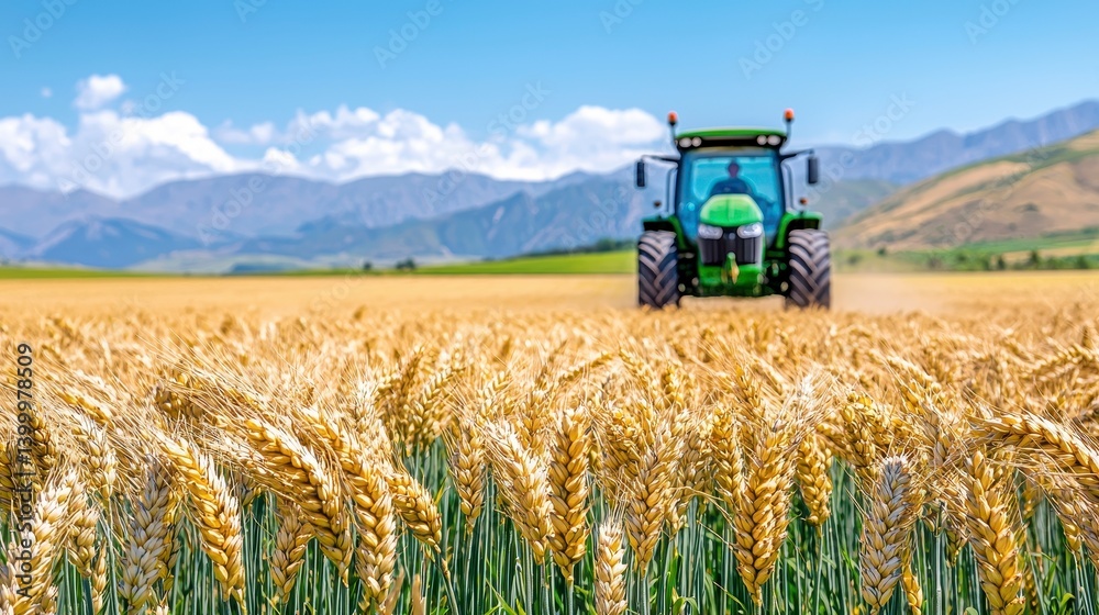 Fototapeta premium Green Tractor Harvesting Golden Wheat Field Under Sunny Sky
