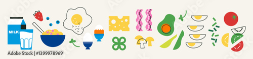 Abstract appetizing breakfast food vector illustration. Minimal modern set with breakfast cereal, green veggies, egg and bacon. Decorative horizontal banner for restaurant, cafe, banner, header design