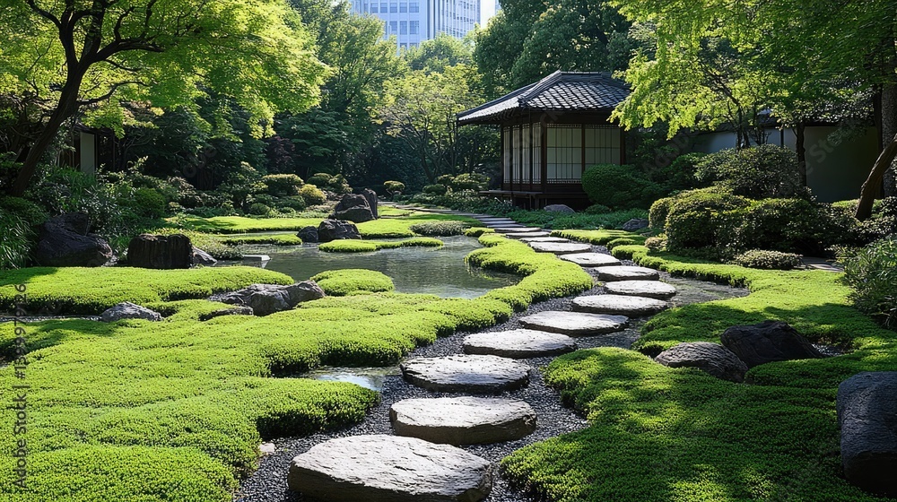 Fototapeta premium A traditional garden with stone paths through lush, green, moss-covered grounds creates an atmosphere of peace and tranquility