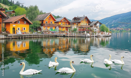 Fototapeta Naklejka Na Ścianę i Meble -  Peaceful lakeside scene with bright homes and swans
