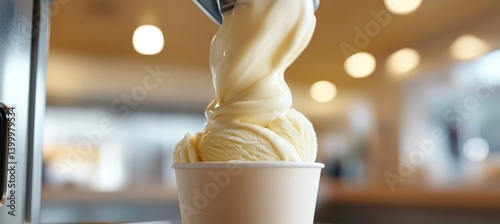 Soft serve ice cream machine pouring vanilla ice cream into cup