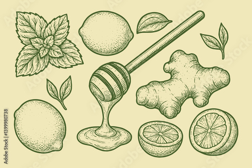 Vintage ink illustration of lemon, ginger, mint, and honey dipper