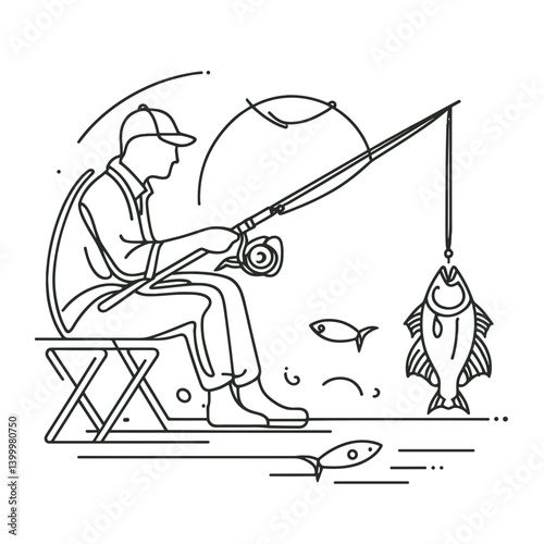 Minimalist line art of a fisherman catching a large fish while sitting by the water