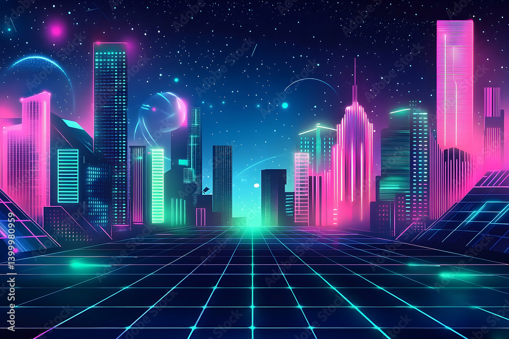 Fototapeta premium A vibrant futuristic cityscape bathed in neon glow.
