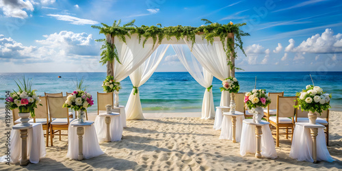Fototapeta Naklejka Na Ścianę i Meble -  A beach wedding setup with white fabric and floral decorations