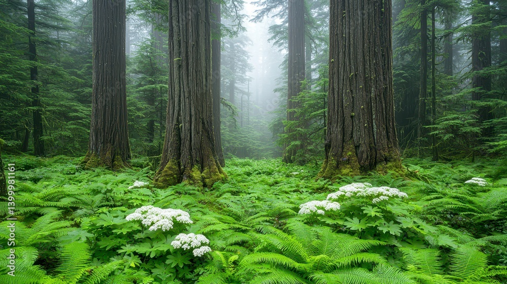 Obraz premium Misty Forest with Tall Trees and Lush Green Ferns