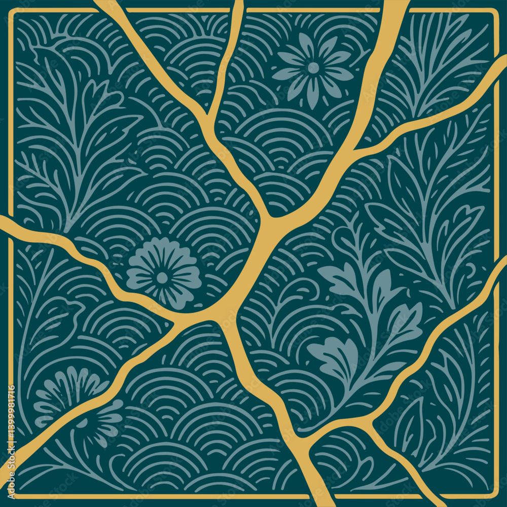 Illustration Motif Kintsugi et Fond de Fleurs Asie Sérénité Couleurs Turquoise et Or Vecteur