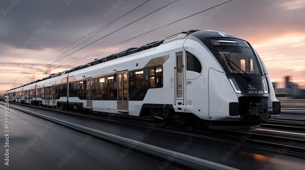 Naklejka premium A high-speed train glides swiftly along tracks, framed against a stunning sunset and urban skyline, showcasing modern engineering
