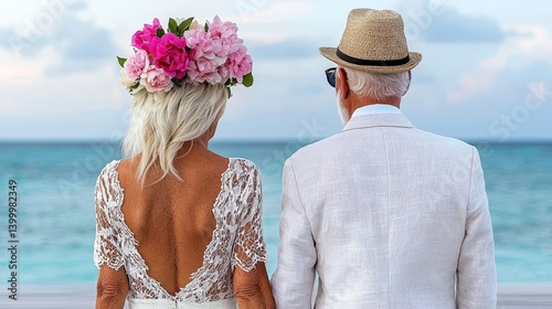 Older Couple's Beach Wedding Portrait  White Lace Dress, Flower Crown, Ocean View