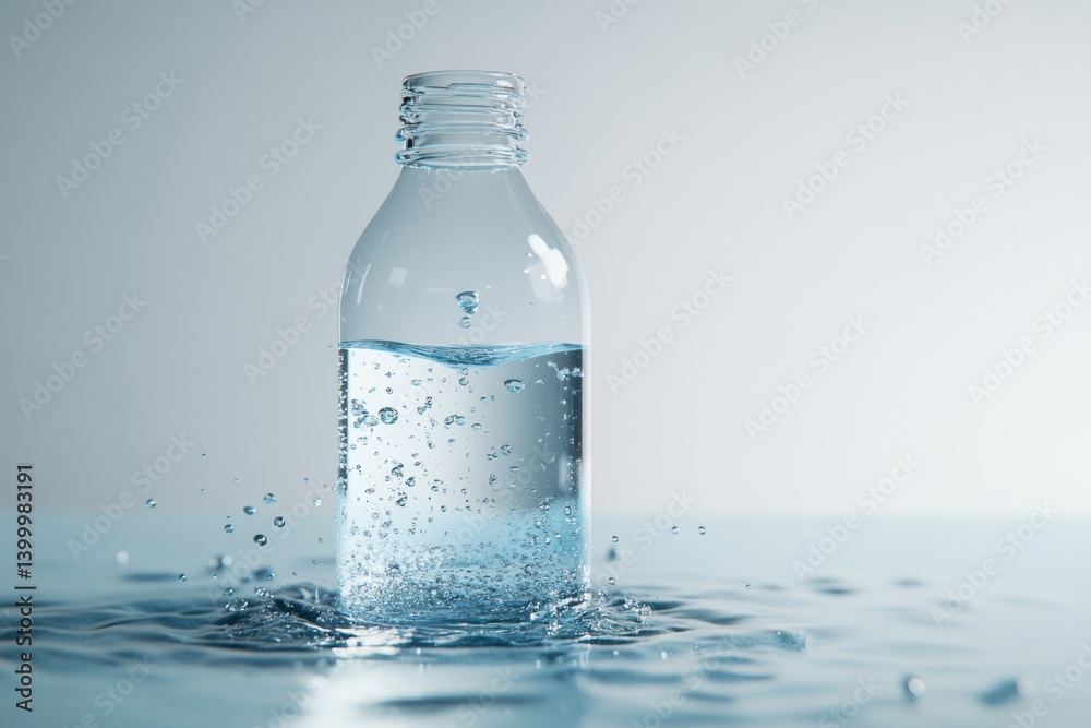 Water bottle surrounded by splashes on a smooth surface in soft light Water bottle surrounded by splashes on a smooth surface in soft light