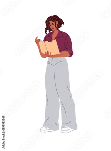 Dissatisfied businesswoman holds folder, looks at financial report. African American woman is disappointed checking workflow, documents, papers. Flat isolated vector illustration on white background