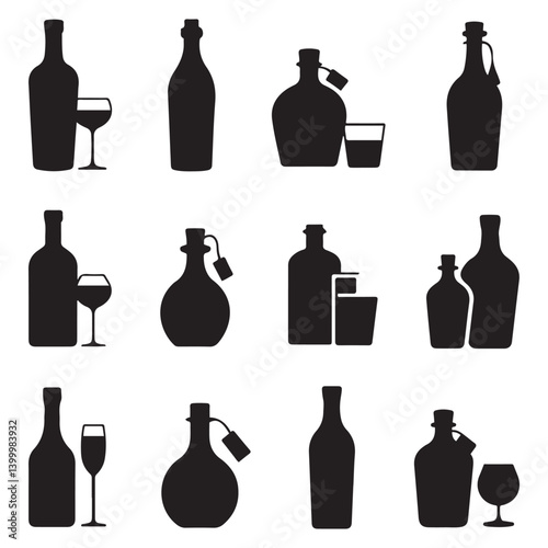 Set of Vector Black silhouettes and white bottles of alcohol in different styles. with white