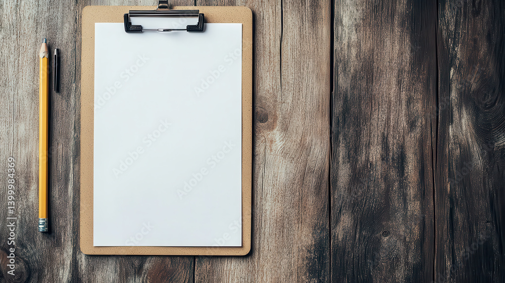 A blank clipboard sits on a rustic wooden table beside a yellow pencil, inviting creativity and organization for note-taking or brainstorming activities. The atmosphere suggests a workspace.Copy space A blank clipboard sits on a rustic wooden table beside a yellow pencil, inviting creativity and organization for note-taking or brainstorming activities. The atmosphere suggests a workspace.Copy space