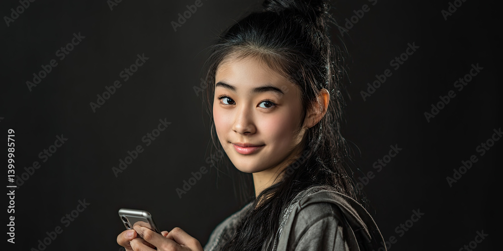 Asian teenager using mobile phone, texting messages, communication device, phone addiction concept, digital youth lifestyle illustration Asian teenager using mobile phone, texting messages, communication device, phone addiction concept, digital youth lifestyle illustration