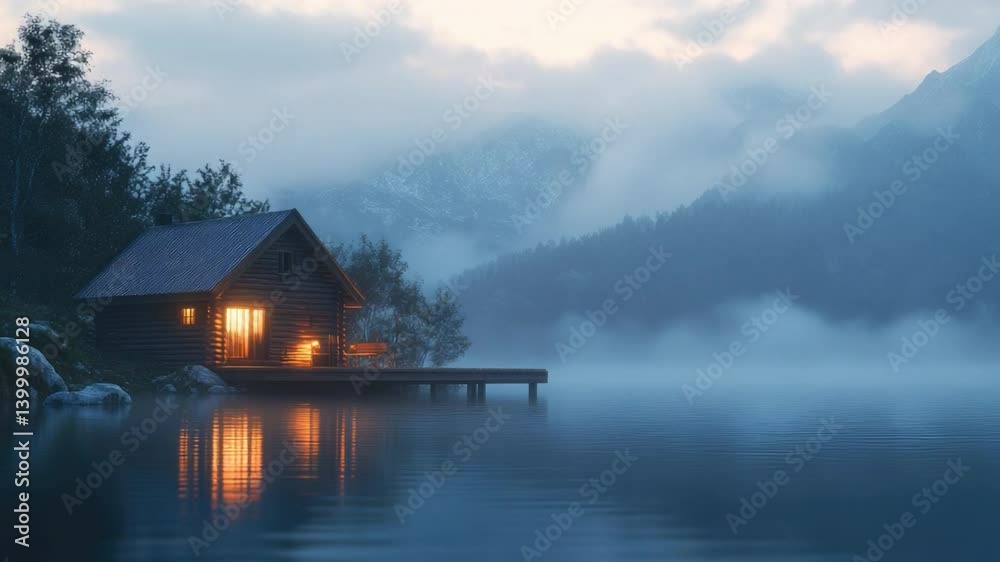 Tranquil Lakeside Cabin at Dawn Surrounded by Misty Mountains and Lush Greenery with Reflections on Calm Water in Peaceful Natural Landscape Tranquil Lakeside Cabin at Dawn Surrounded by Misty Mountains and Lush Greenery with Reflections on Calm Water in Peaceful Natural Landscape