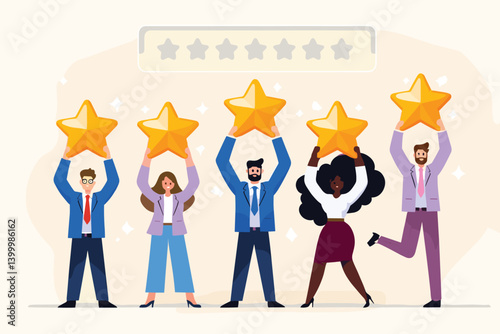 Employee Satisfaction Concept. Vector cartoon illustration in flat style of five diverse business people holding big golden stars against the background of the rating plate. 