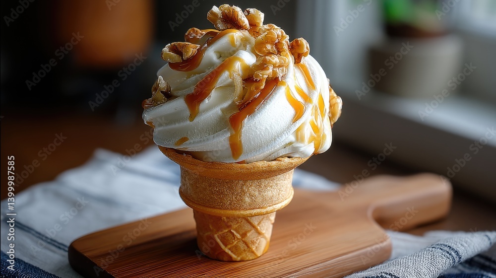 A scoop of vanilla ice cream topped with rich caramel and walnuts is set against a variety of tempting sweet treats