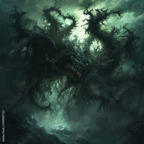Terrifying dark creature emerging from stormy ocean waters, depicting horror and mystery