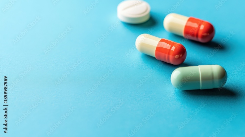 Colorful capsules and a tablet scattered on a blue surface, illustrating medication diversity Colorful capsules and a tablet scattered on a blue surface, illustrating medication diversity