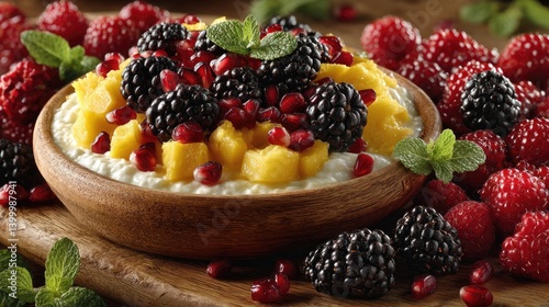 Bright bowl of Greek yogurt adorned with fresh mango, blackberries, pomegranate seeds, and mint leaves on a wooden surface