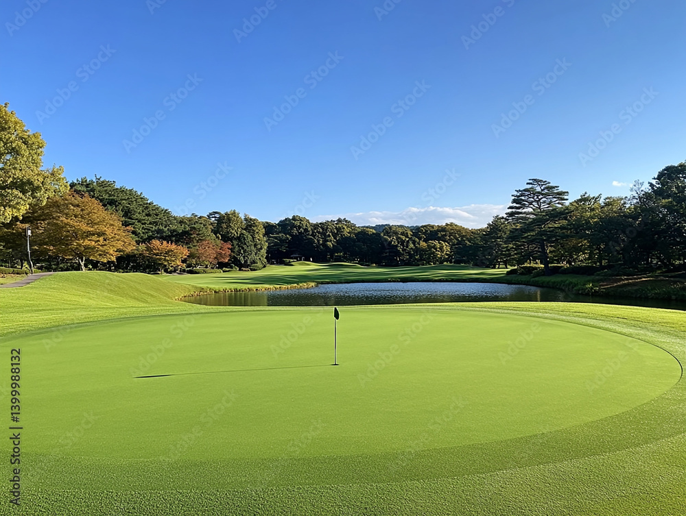 Obraz premium eye-level view of a pristine putting green on a Japanese golf course, smooth manicured surface with visible flagstick, surrounded by lush fairway, distant trees, and a calm water hazard