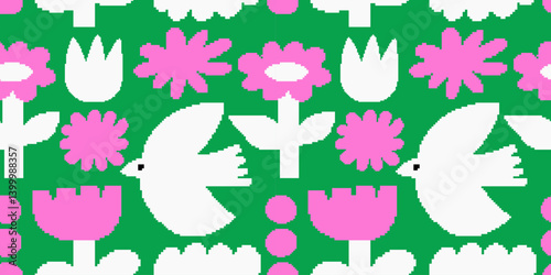 Seamless pattern with flowers in pixel style. Spring mood. Cute flowers. Retro background for design and card, covers, package, wrapping paper.