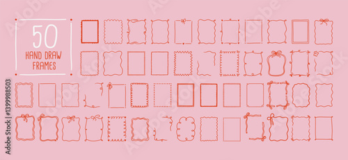 Set of whimsical hand-drawn frames with wavy squiggle curly ribbons in trendy, vintage styles. Vector playful border frames for trendy invitations, cards
