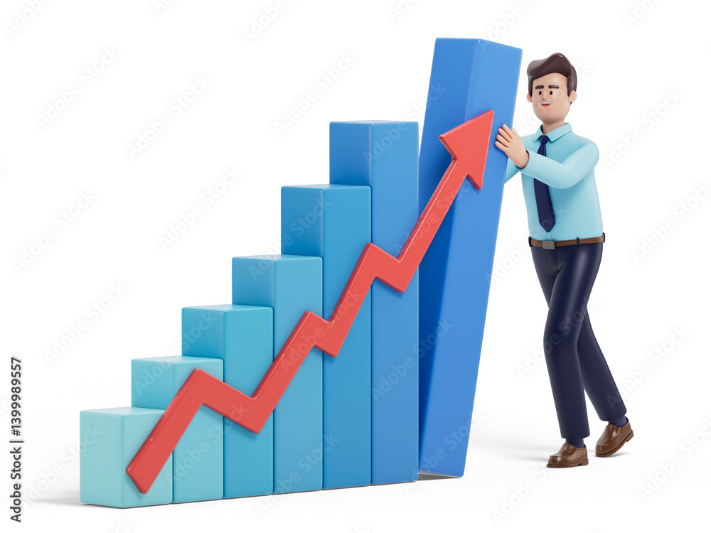 A man leans on a rising bar graph, symbolizing success or growth. 3D rendering, conceptual image. Isolated on white background. A man leans on a rising bar graph, symbolizing success or growth. 3D rendering, conceptual image. Isolated on white background.