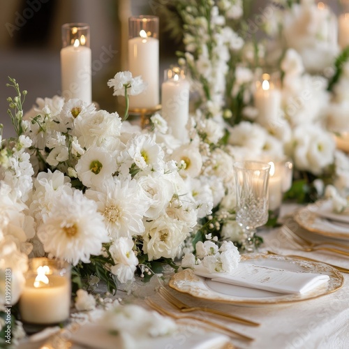 Exquisite white floral centerpiece arrangement for a lavish wedding reception. photo