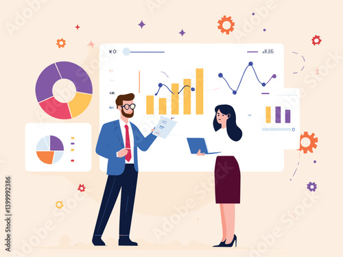 Business Teamwork Concept. Vector illustration in a flat style of two people discussing a project with an analytics dashboards.